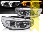 LED, mit LED Blinker, chrom, nur passend für Fahrzeuge mit original Halogen Scheinwerfern, LED Abblendlicht / LED Fernlicht, elektrisch verstellbar - Stellmotor integriert, Eintragungsfrei / mit E-Prüfzeichen, Eintragungsfrei / mit R87 Zulassung als Tagfahrlicht